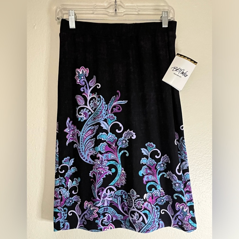 NWT Bob Mackie Wearable Art Skirt Black Floral Midi Size XS